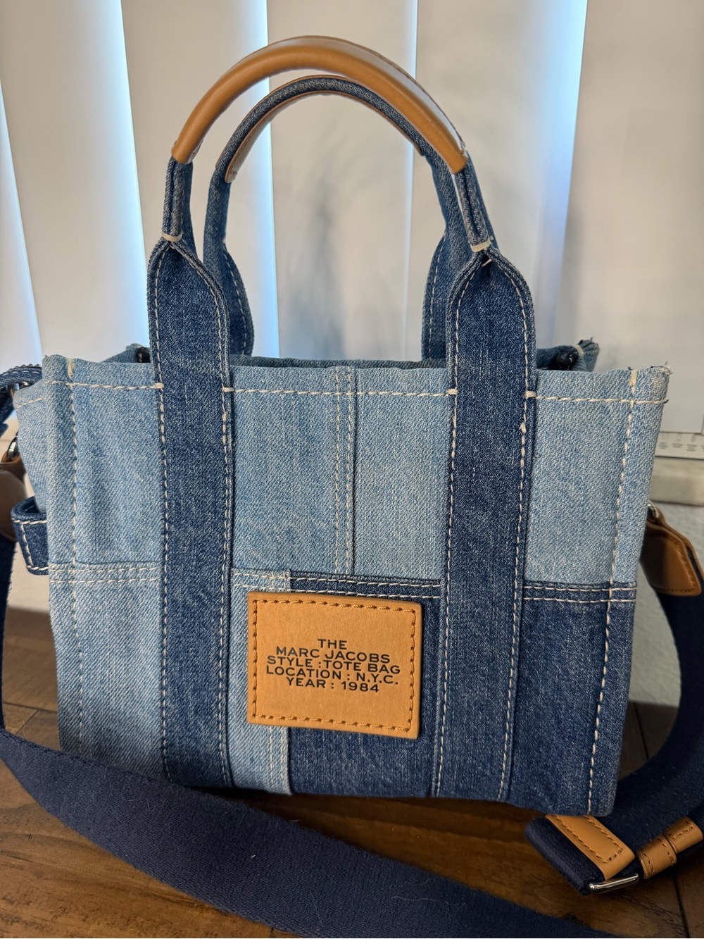 Marc Jacobs The Denim Tote Bag blue Jean white font small tote bag crossbody - Picture 12 of 13